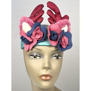 MATILDA JANE Girls OS Teal Christmas Reindeer Antler Cloth Stretch HEADBAND EUC